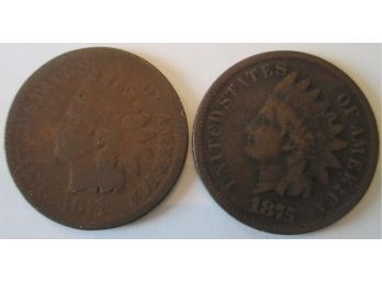 2 COIN LOT! 1874P & 1875P Authentic INDIAN HEAD CENTS $.01 United States
