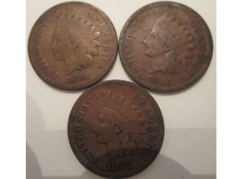 3 COIN LOT! 1880P, 1881P & 1882P Authentic INDIAN HEAD CENTS $.01 United States