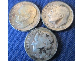 SET 3 COINS! Authentic 1952P, 1952D & 1952S  ROOSEVELT SILVER DIMES $.10 United States