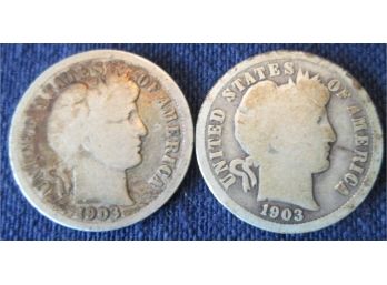 SET 2 COINS!  Authentic 1903P & 1903O BARBER DIMES SILVER $.10 United States