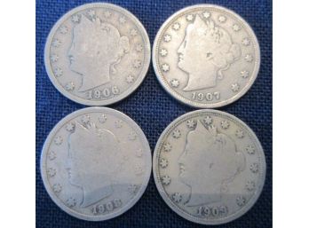 SET 4 COINS! Authentic 1906P, 1907P, 1908P & 1909P Authentic 'v' LIBERTY NICKEL $.05 United States
