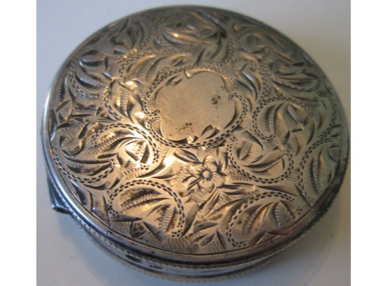 Vintage Signed 'FM' INTRICATE INCISED Pattern, COMPACT Or PILL BOX, Silver Tone
