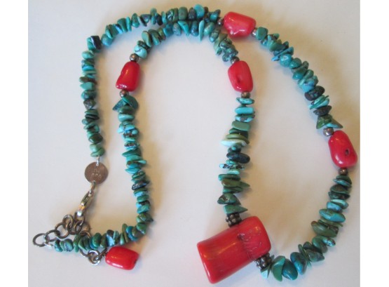 Vintage NECKLACE, NATURAL TURQUOISE & RED CORAL, STERLING .925 Silver Clasp