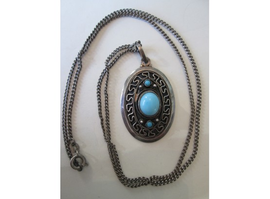 Vintage OVAL PENDANT NECKLACE, Cultured TURQUOISE Inset Stone, STERLING .925 Silver Finish