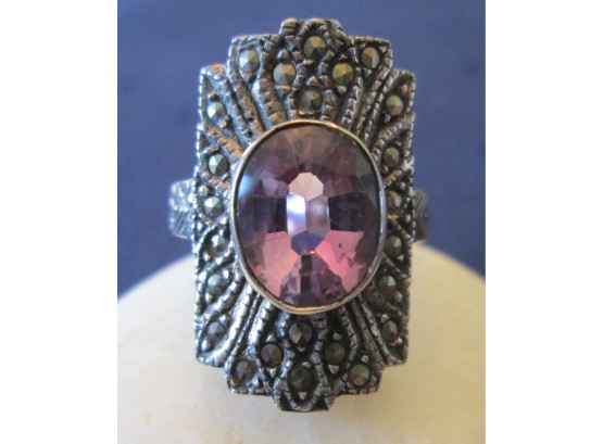 Vintage OVAL PURPLE & MARCASITE STONE RING, STERLING .925 Silver Frame