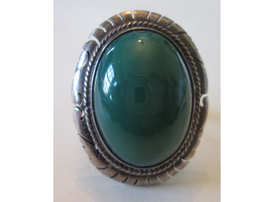 Vintage LARGE Green CABOCHON STONE RING, STERLING .925 SILVER, Made In MEXICO