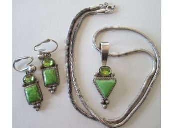 Vintage CAROL S.  NECKLACE & PAIR EARRINGS,  STERLING. 925 SILVER, AGATE & CABOCHON Stones