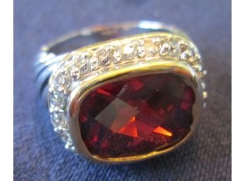 Vintage FACETED RED STONE RING, Silver Tone Setting