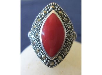 Vintage RED STONE RING, STERLING .925 SILVER Setting, Finely Detailed