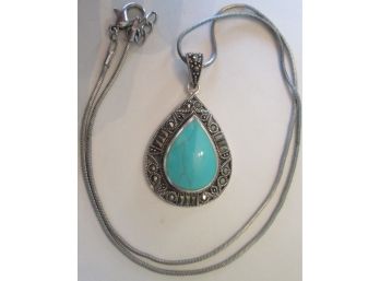 Vintage TEARDROP NECKLACE, TURQUOISE Inset Stone, STERLING .925 Silver Finish