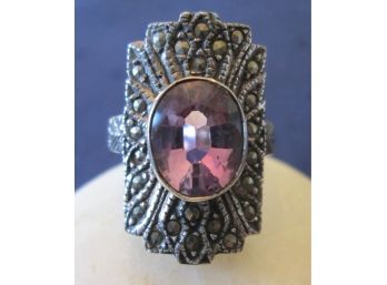 Vintage OVAL PURPLE & MARCASITE STONE RING, STERLING .925 Silver Frame