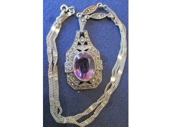 Vintage PENDANT NECKLACE, PURPLE FACETED Inset Stone, STERLING .925 Silver Finish Chain