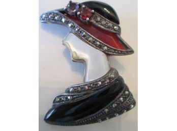 Vintage LADY BROOCH PIN, Inset Black, White & Red With MARCASITE Stones, STERLING .925 SILVER Setting