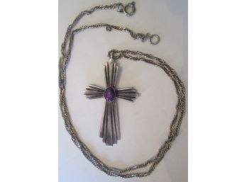 Vintage NECKLACE, CROSS With PURPLE CABOCHON, Silver Tone Finish