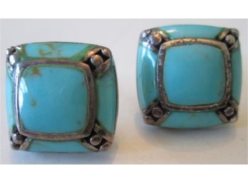 Vintage PAIR PIERCED EARRINGS, STERLING .925 SILVER With Cultured TURQUOISE
