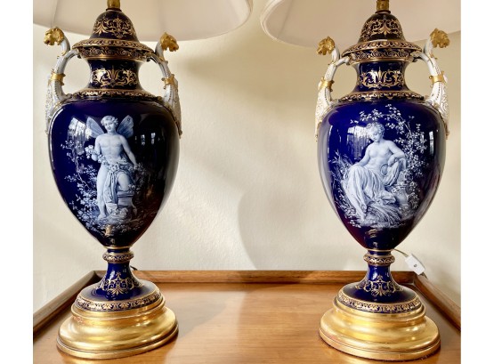 Gorgeous Pair Of Fine Antique Hand Painted Porcelain Table Lamps Possibly Meissen