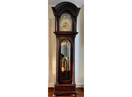 Antique 'waltham' Moon Face Tubed Mahogany Long Case Grandfather Clock