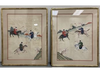 Vintage Or Antique Pair Of Chinese Polo Players Paintings On Silk In Beautiful Gold Gilt Frames