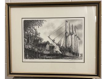 Vintage Signed And Framed Nautical Scene Lithograph