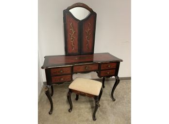 Vintage Hand Painted Vanity With Mirror And Stool