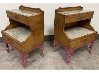 Pair Of Mid Century Nightstands With Metal Faux Bamboo Base