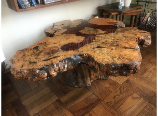 Mid Century Live Edge Solid Red Wood Artist Carved Coffee Table
