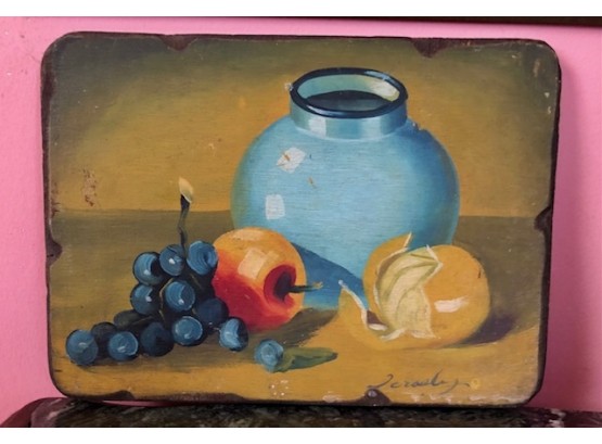 Vintage Signed Original Folk Art Style Fruit On Wood Plaque