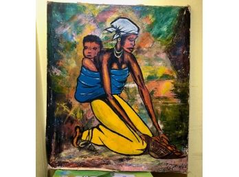 Vintage Artist Signed Original Oil Painting-Congolese Mother And Child