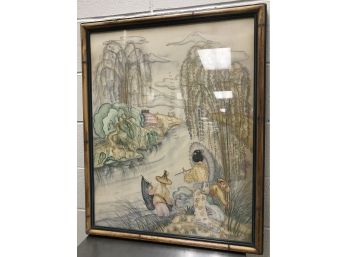 Vintage Asian Art Painting Watercolor 'Drawing The Nets' Signed And Framed