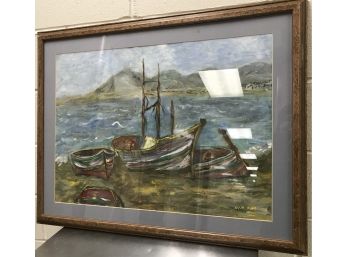 Vintage Framed Painting With Boats