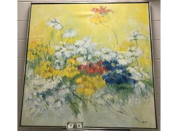 Vintage Modern Art Large Flower Painting On Canvas Signed