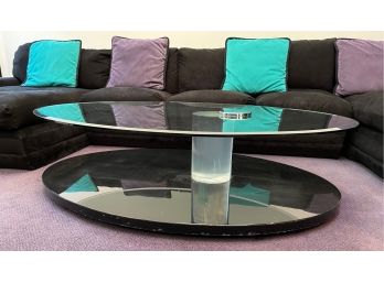 1980s Large Lucite, Glass, Metal And Wood Oval Cocktail Or Coffee Table-Custom Design