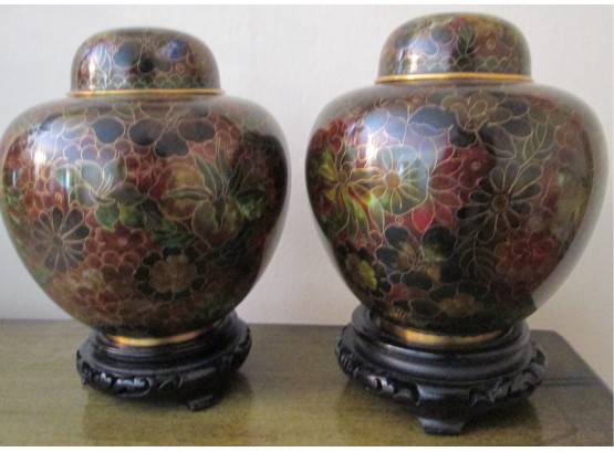 SET Of 2! Vintage Asian Brown Enamel GINGER JARS, FLOWER BLOOMS, Brass Metal With Wood Base