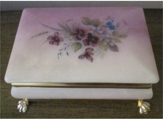 Vintage ALABASTER  JEWELRY BOX, Hand Painted VIOLET FLOWERS, With Attached Base Metal Feet