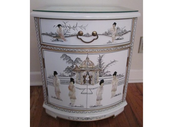 Vintage Asian Style NIGHTSTAND, 2 DOORS & 1 DRAWER, Glass Top, Finely Detailed