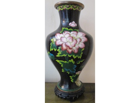 Vintage Asian BLACK Enamel 12' Vase, CHRYSANTHEMUM Flower, Brass Metal Base, Wood Base
