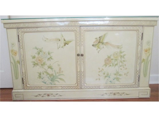 Vintage Asian Style CABINET, 2 DOORS, Glass Top, Finely Detailed Phoenix Birds