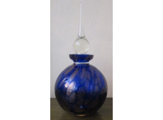 Vintage ART GLASS PERFUME BOTTLE, COBALT Blue With Metallic, Clear Glass Stopper