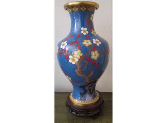 Vintage Asian BLUE Enamel Vase, CHERRY BLOSSOMS, Brass Metal With Wood Base