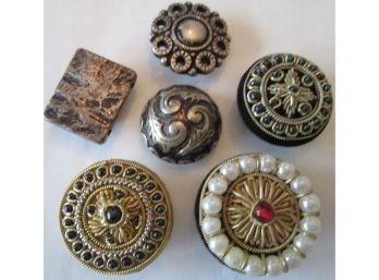 SET Of 6! Vintage Costume BUTTON COVERS, Some With Stones, Fabric Covered, Metal Backs