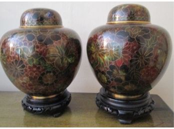 SET Of 2! Vintage Asian Brown Enamel GINGER JARS, FLOWER BLOOMS, Brass Metal With Wood Base