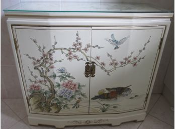 Vintage Asian Style CABINET, 2 DOORS, Glass Top, Finely Detailed DECORATIVE Birds