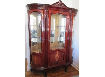 CURVED GLASS VITRINE, INLAID Detail, Lighted With Glass Shelves, Drawers, Carved Bonnet