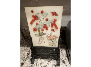 Vintage Chinese Export Jade Plaque W/ Rosewood  Stand