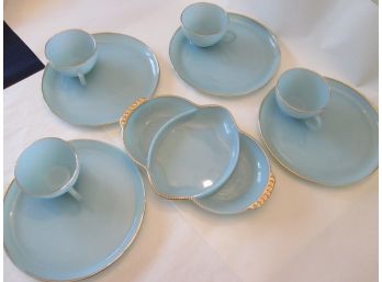 SET Of 9! Vintage FIRE KING Glass Cups, Plates & Divided Serving Dish, TURQUOISE BLUE With GOLD Trim