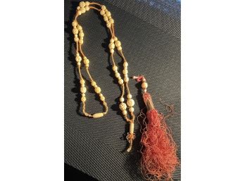 Vintage Missionary Carved Bone Bead & Tassel Necklace