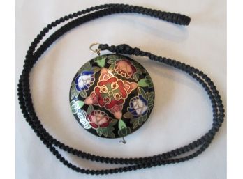 Vintage Costume ASIAN Style MEDALLION NECKLACE, Black Painted With BRAID Necklace
