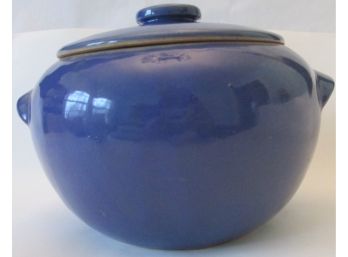 Antique AMERICAN ART Pottery, Covered BEAN POT, Hand Made BLUE Gloss Glaze, Made In USA