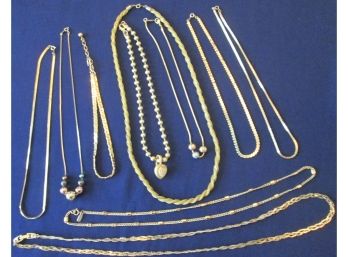 SET Of 10! Vintage Costume NECKLACES Some With PENDANTS, Gold Tone With Chains