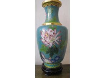 Vintage Asian GREEN Enamel 9' Vase, CHRYSANTHEMUM Flower, Brass Metal With Wood Base
